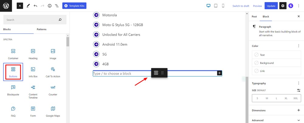 Add Spectra button block