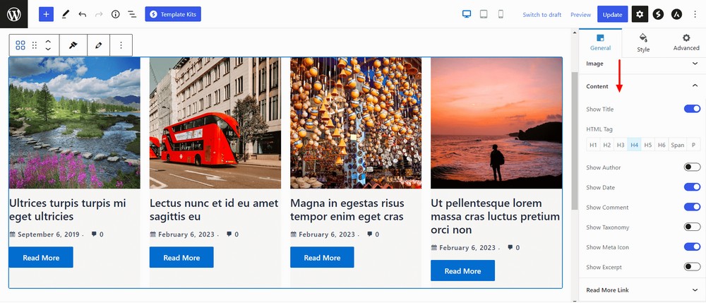 Post grid content setting