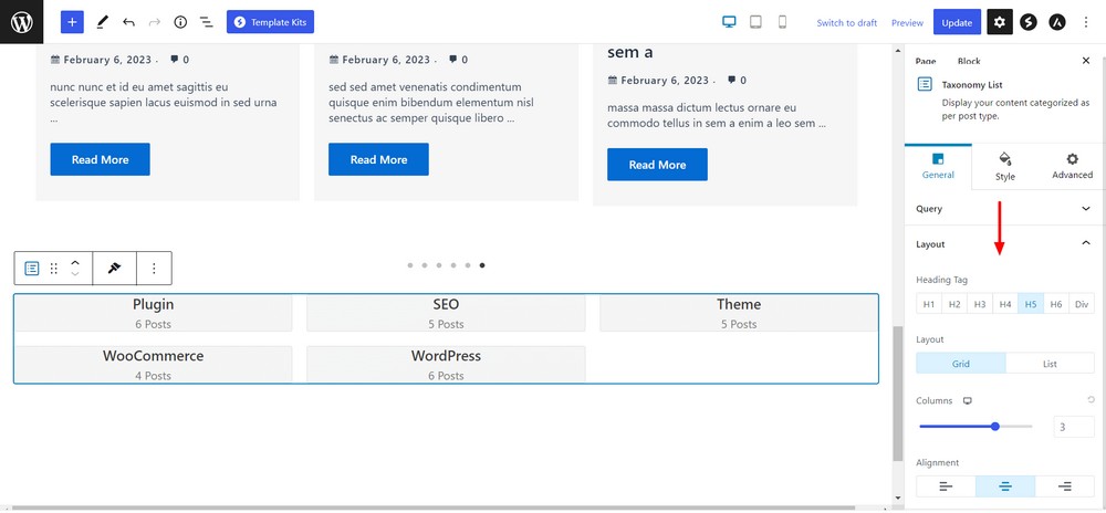 Taxonomy list layout settings