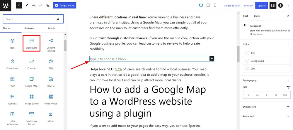 How to use the WordPress quote block to add quotations to your website Add Spectra Blockquote block