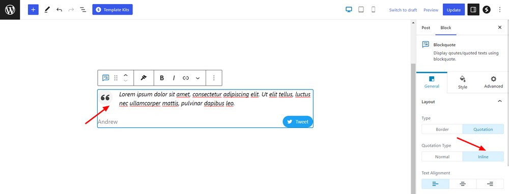 How to use the WordPress quote block to add quotations to your website Inline type quotation