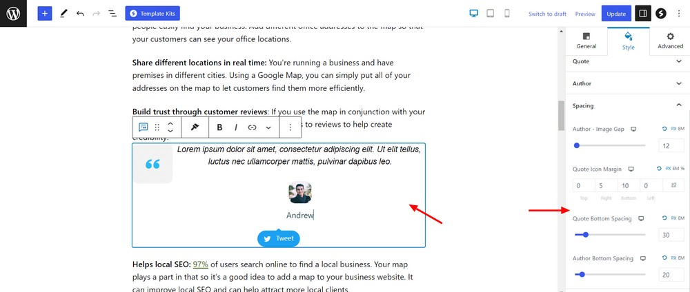 How to use the WordPress quote block to add quotations to your website Manage spacing