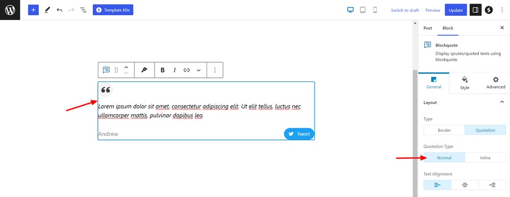 How to use the WordPress quote block to add quotations to your website Normal type quotation