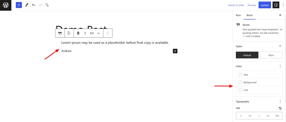 How to use the WordPress quote block to add quotations to your website Quote added