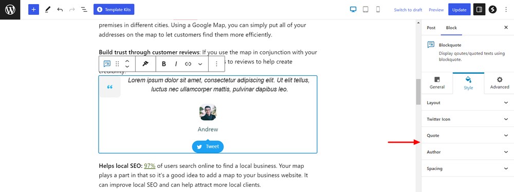 How to use the WordPress quote block to add quotations to your website Style options
