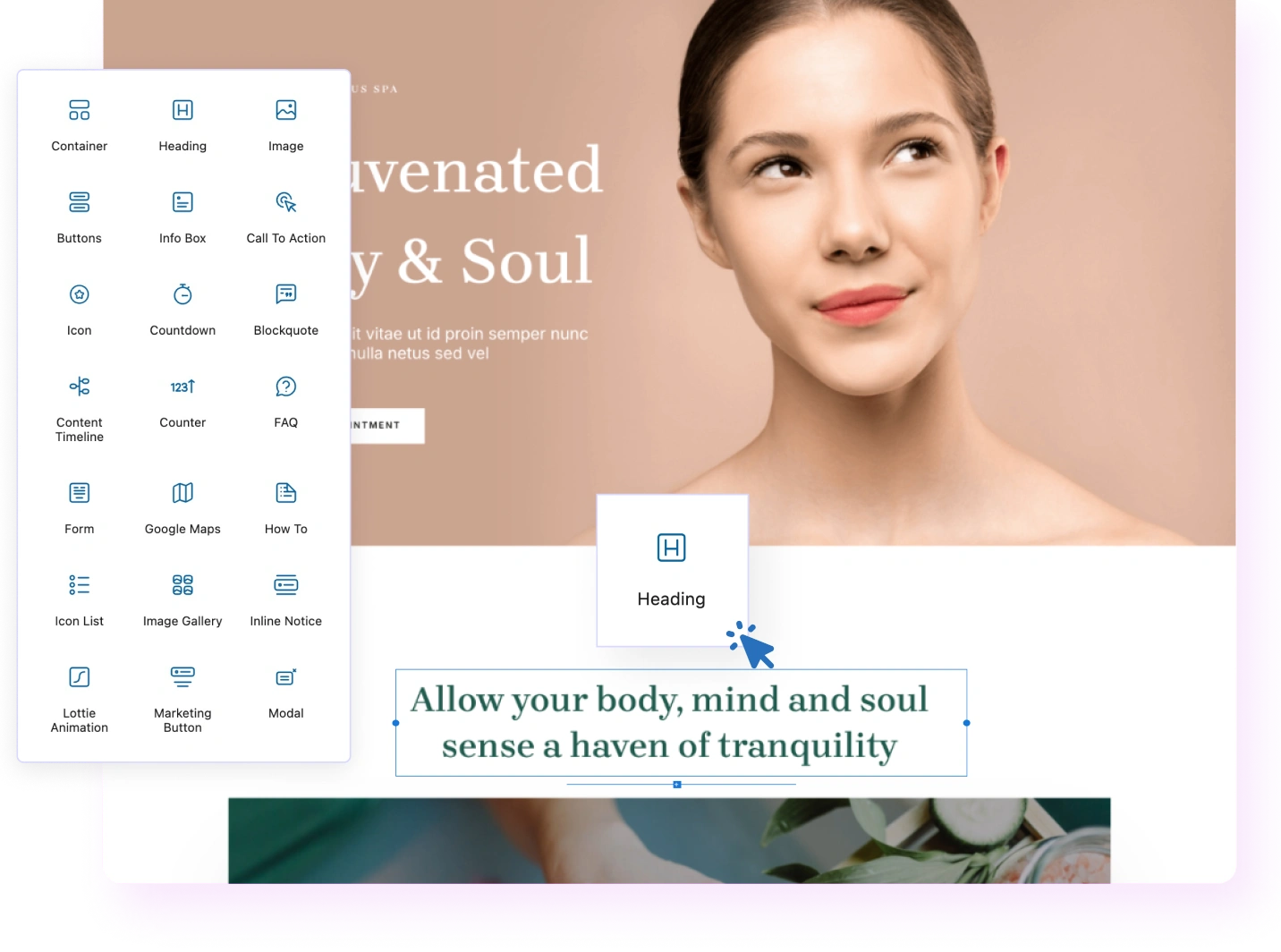 Drag & Drop Editing Spectra editor with drag and drop blocks for building web pages.